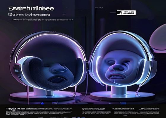 asmrone平台ASMR双耳录音技术示意图，专业录音室内两个仿真人头麦克风采集立体声音频，冷色调专业氛围